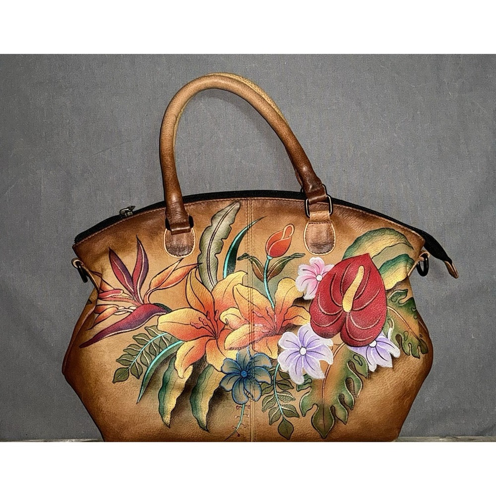 Anuschka Hand Painted Leather Satchel Bag Floral Art Purse Boho Hippie read - Picture 2 of 9